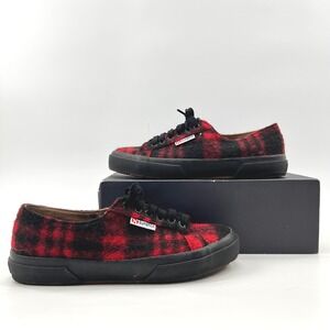 Superga Sneakers Womens 8 Red Buffalo Plaid Boiled Wool Plaid Fuzzy Shoes